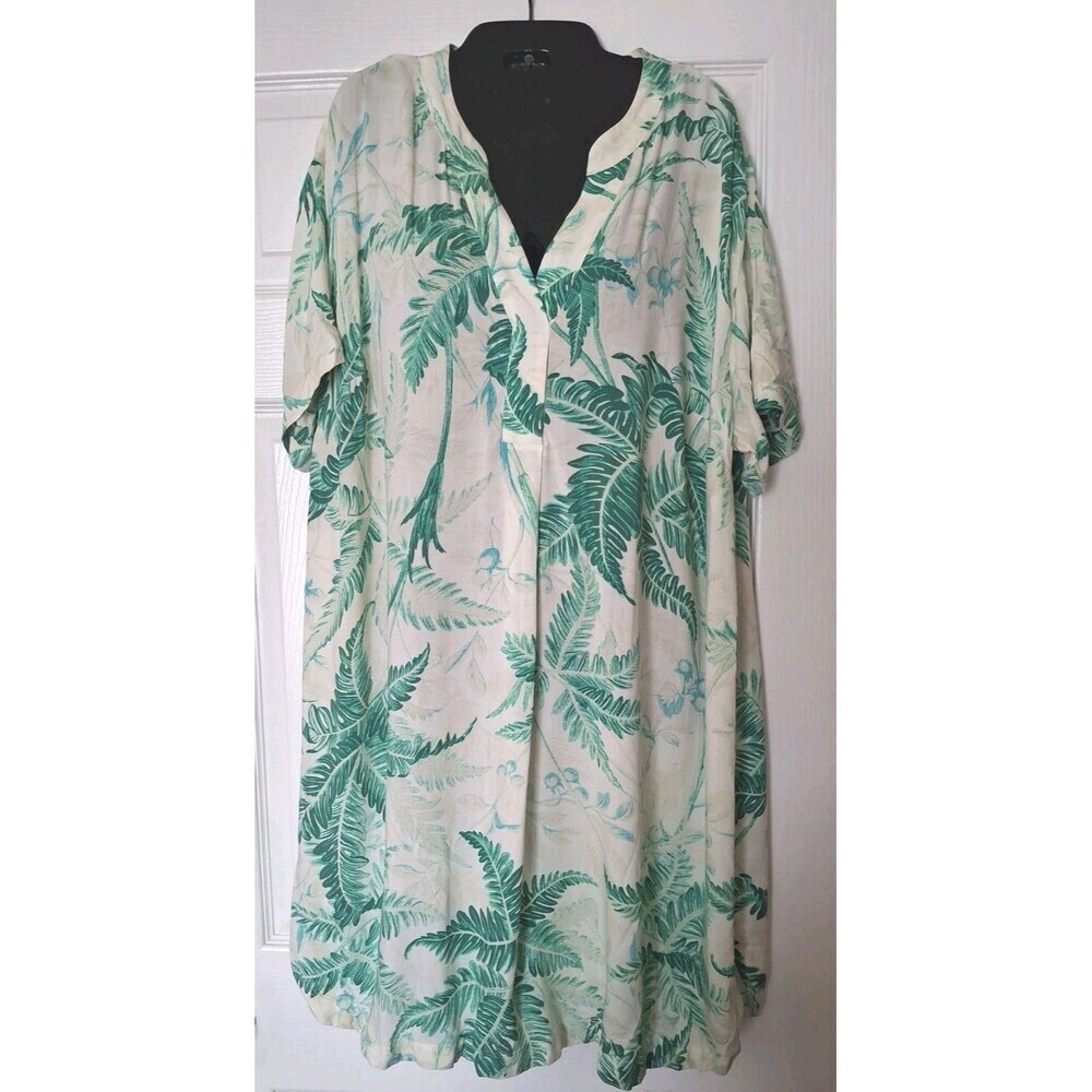 H&M Leaf Print Shirt Dress Large Green Beige Tropical Viscose Coastal Resort
